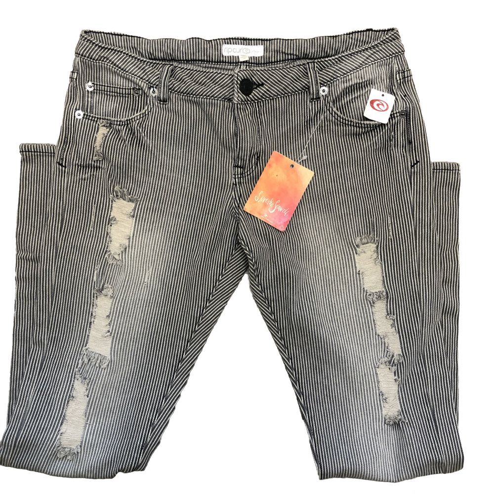 RIP‎ CURL Jeans Juniors 9Blue Striped Denim Distressed Low Rise NEW
